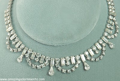 Lovely Vintage Rhinestone Necklace Signed LEO GLASS STERLING