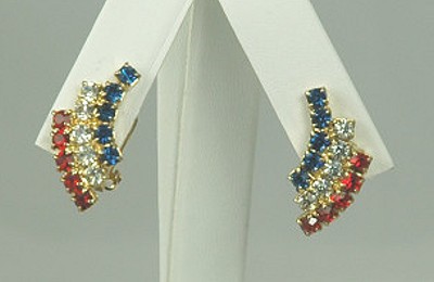 Red, White and Blue Rhinestone Ear Clips Signed EISENBERG ICE