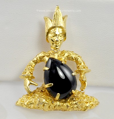Tranquil Vintage Seated Buddha Pin with Black Glass Belly Signed BSK