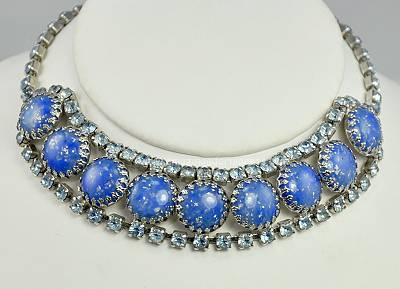 Pretty Vintage Silvery Flecked Blue Stone and Rhinestone Necklace
