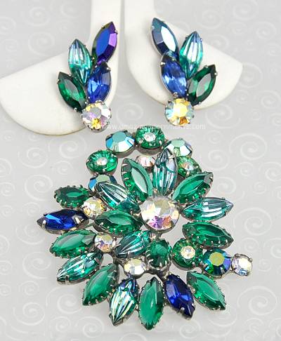 Vintage Unsigned Blue and Green Rhinestone and Ribbed Glass Set