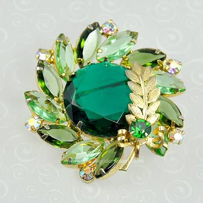 Vintage Green Rhinestone Brooch with Metal Accent from DELIZZA and ELSTER ~ BOOK PIECE