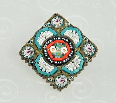 Colorful Antique Micro Mosaic Brooch with Flowers Signed ITALY