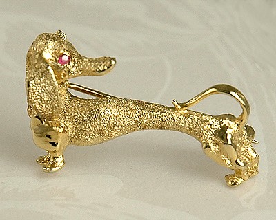 Darling Sterling Daschund Pin with Rhinestone Eye Signed LES BERNARD