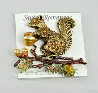 Crafty Swarovski Crystal Squirrel with Faux Pearl Acorns Pin Signed SWEET ROMANCE
