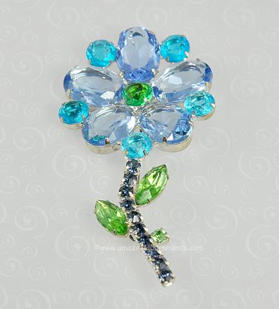 Massive Unsigned Vintage Blue and Green Rhinestone and Glass Flower Brooch