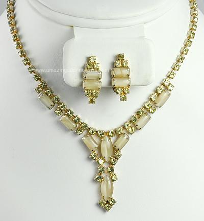 Attractive Unsigned Vintage Champagne Givre Glass and Jonquil Rhinestone Set