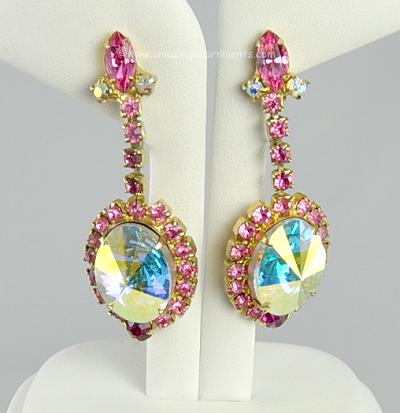 Sizzling Pink and Polychromatic Rivoli Rhinestone Earrings from DELIZZA and ELSTER ~ BOOK PIECE