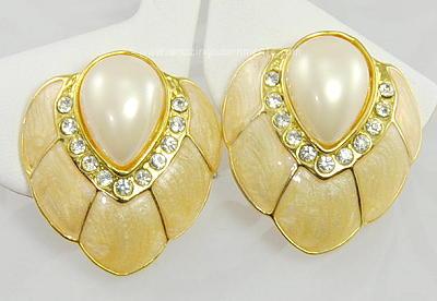 Elegant Unsigned Enamel, Rhinestone and Faux Pearl Earrings