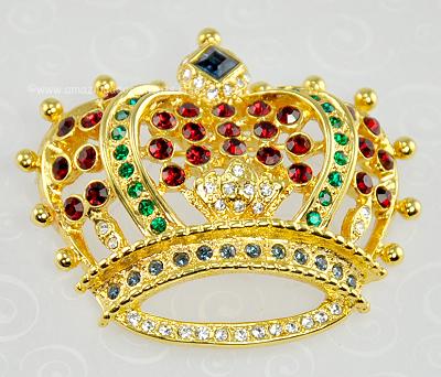 Grandiose Jewel Toned Rhinestone Crown Pin Signed KJL