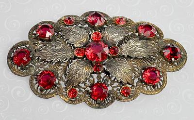 Generous Vintage Brass Filigree and Red Glass Brooch