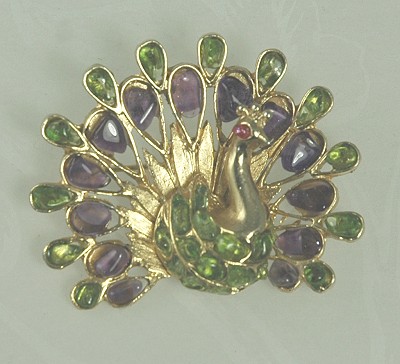 Gem Set Golden Peacock Brooch Signed SWOBODA