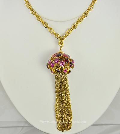 Playful Vintage Enamel and Rhinestone Pendant Necklace with Tassels