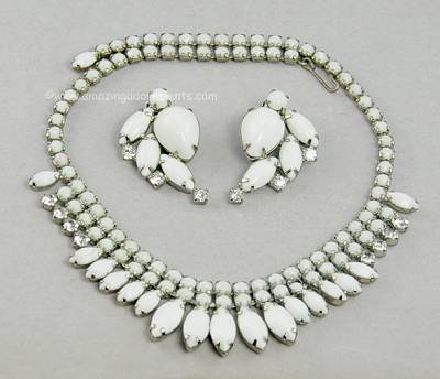 Fringy Vintage White Glass and Rhinestone Bib Necklace and Earrings Signed WEISS
