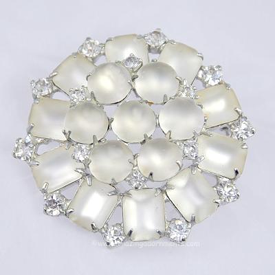 Heavenly Signed WEISS Frosted White Moonstone Vintage Brooch with Rhinestones