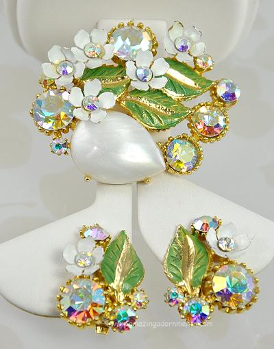 Lovely Layered Vintage Rhinestone and Enamel Brooch and Earring Set