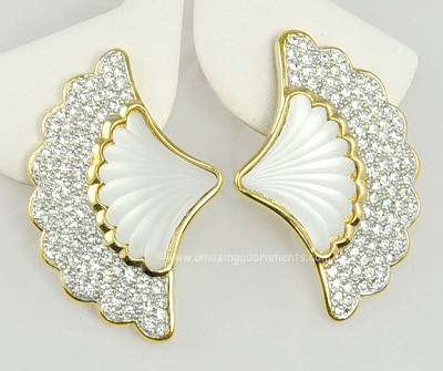 Fetching Ribbed Frosted Glass and Pav Rhinestone Earrings Signed GUY LAROCHE