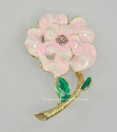 Vintage Pink and White Enamel Carnation Flower Brooch with Purple Rhinestones