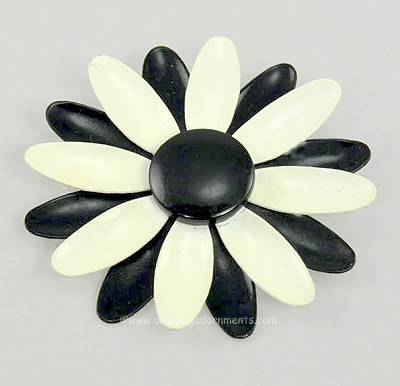 Vintage Black and White Enamel Flower Power Pin Signed GERMANY