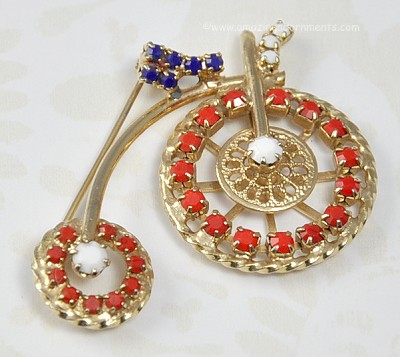 Vintage Red, White and Blue Rhinestone Penny- farthing High Wheel Bicycle Pin