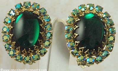 Eye Catching Large Green Cabochon and Aurora Borealis Rhinestone Earrings