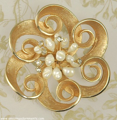 Elegant Stylized Floral Brooch with Faux Pearl and Rhinestones Signed KRAMER