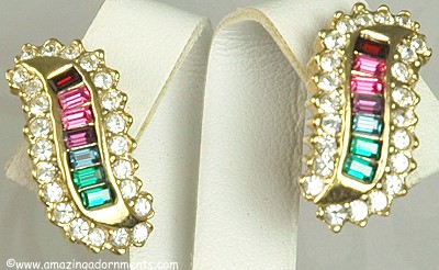 Vintage Multi- colored Rhinestone Earrings Signed ROMAN