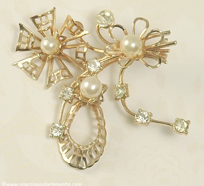Lacy Faux Pearl and Rhinestone Spray Pin