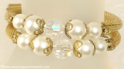 So Pretty HOBE Style Faux Pearl, Crystal and Mesh Coil Bracelet