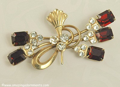 Dainty Vintage Ruby and Clear Rhinestone Stylized Bow Thistle Pin
