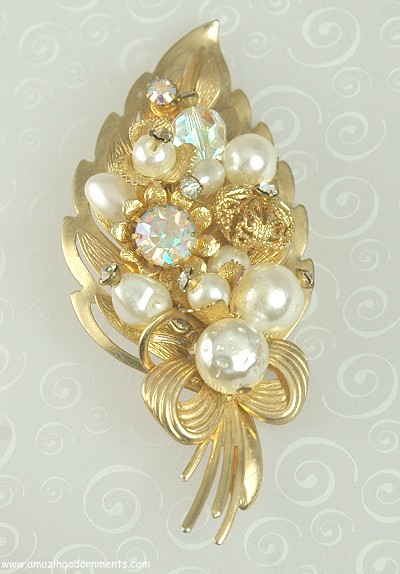 Bejeweled and Dazzling Vintage Leaf Brooch with Ribbon