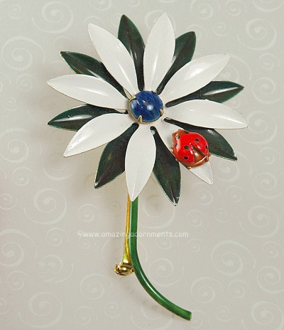 Signed ORIGINAL by ROBERT Enamel Daisy Flower Pin with Lady Bug