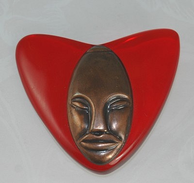 Rare Red Lucite and Copper Mask Pin from ELZAC -California