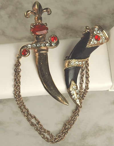 Unsigned URIE MANDLE Rhinestone and Enamel Dagger with Sheath Chatelaine ~  BOOK PIECE
