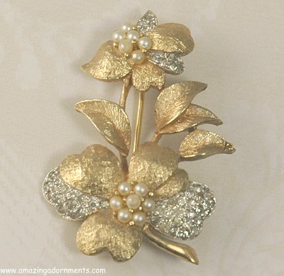 Vintage High Quality Rhinestone and Faux Pearl Floral Pin Signed PANETTA