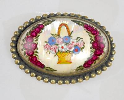 Sensational Antique Painted or Enamel Flowers Basket Goofus Glass Domed Brooch