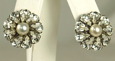 Superb LOUIS ROUSSELET Attributed Rhinestone and Faux Pearl Earrings Signed FRANCE