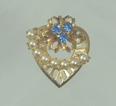 Consummate Sweetheart Pin with Blue Rhinestones and Faux Pearls