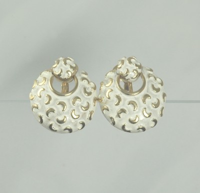 Vintage White Enamel and Gold Tone Earrings Signed CORO