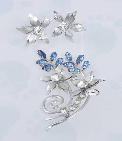 Tantalizing 1940s Vintage Blue and Clear Rhinestone Set Signed BUGBEE and NILES