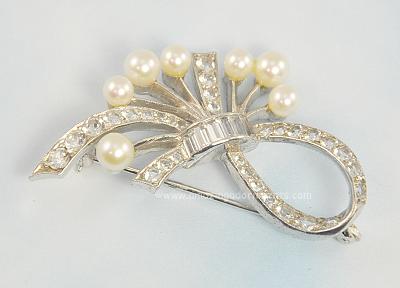 Graceful Vintage Sterling, Rhinestone and Faux Pearl Ribbon Brooch Signed DUJAY