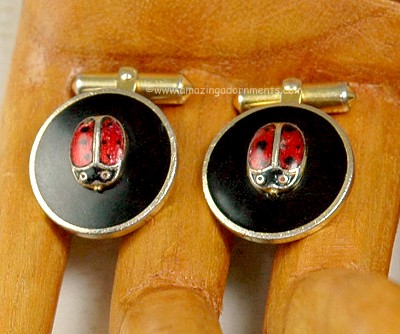 Vintage Signed NETTIE ROSENSTEIN ITALY Enamel Cufflinks with Lady Bug Scarab Design