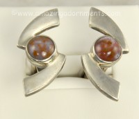 Vintage Mexican Modernist Sterling Silver Cufflinks with Stone Signed SIGI PINEDA