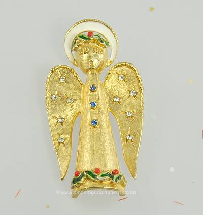 Vintage Signed ART Rhinestone and Enamel Angel Christmas Pin