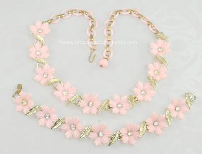 Enchanting Vintage Pink Plastic Flower Necklace and Bracelet Set with Rhinestones Signed CORO