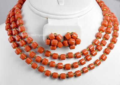 Superb Vintage Triple Strand Coral Bead Necklace and Earring Set Signed DEMARIO