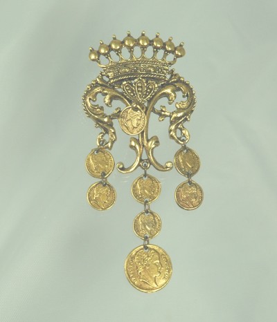 Signed ART Antique Gold Tone Crown Pin with Napoleon Coin Dangles