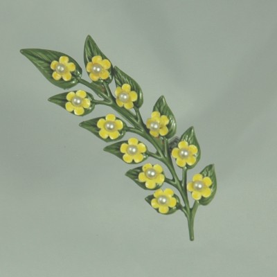 Enamel Sprig Brooch with Faux Pearl Flowers