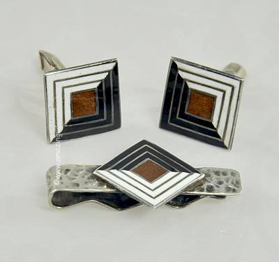 Vintage Signed MARGOT de TAXCO Sterling and Enamel Cufflinks and Tie Clip Set