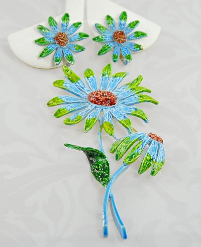 Superb Vintage Double Enamel Flower Brooch and Earring Set Signed ART